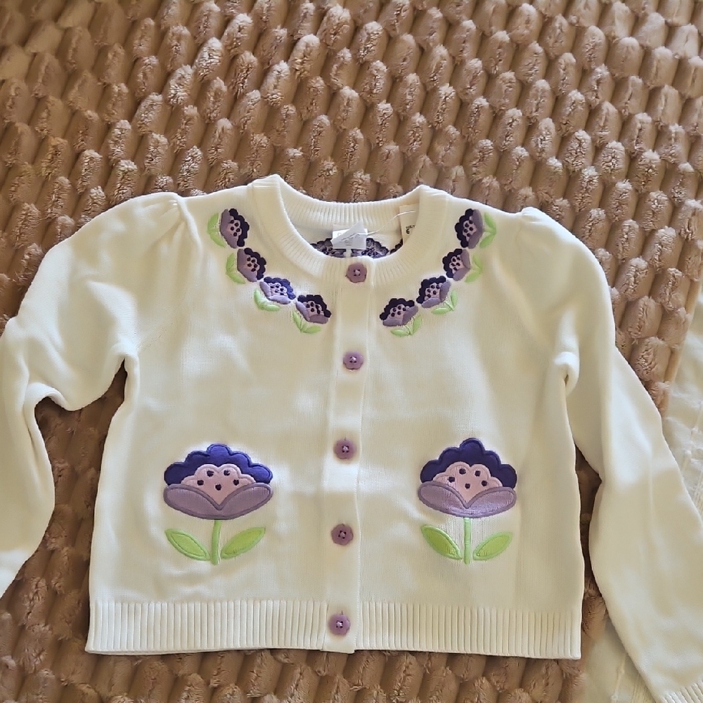 Gymboree White Cardigan with Purple Floral Embroidery